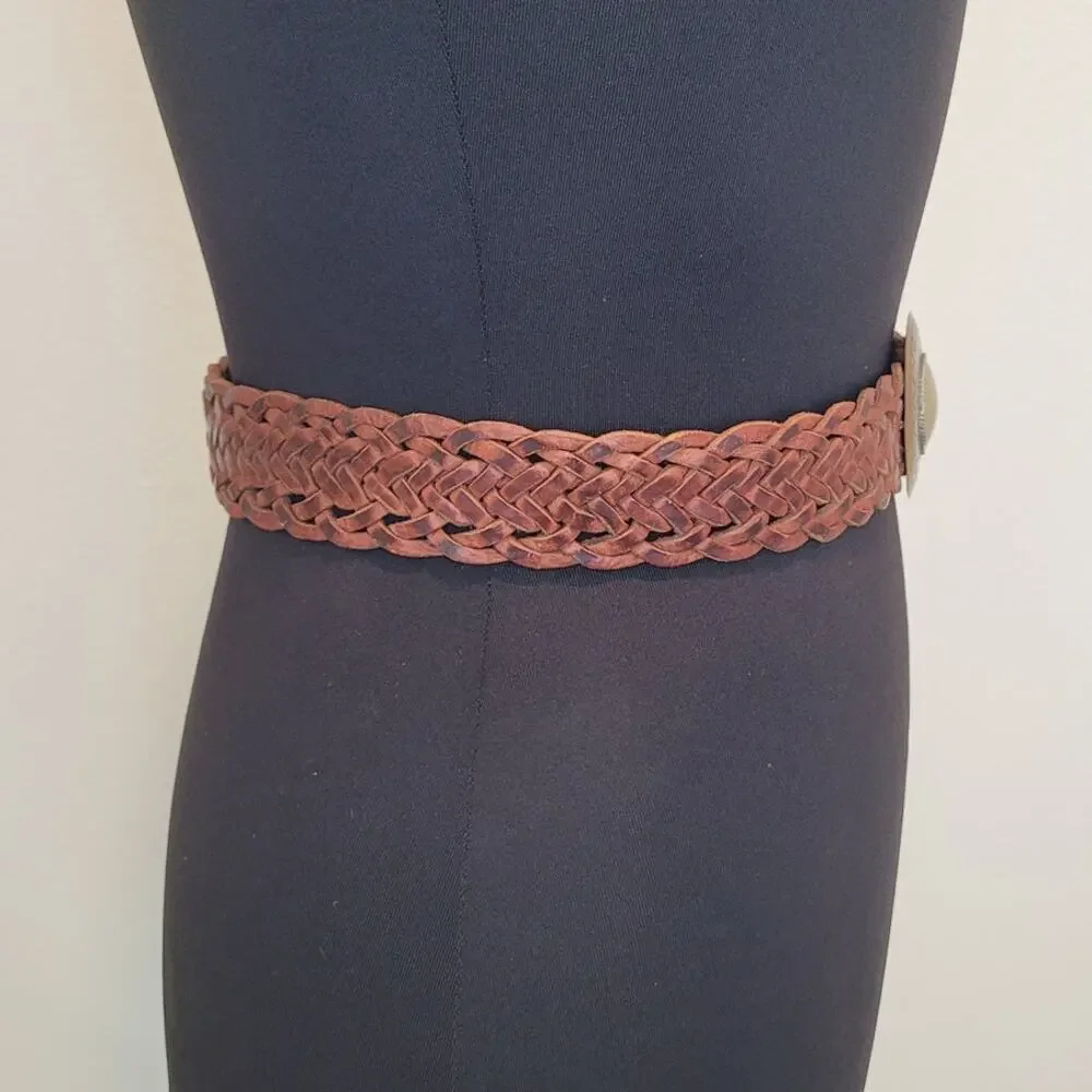 VTG Moroccan Braided Leather Belt Brass Medallion Boho 41